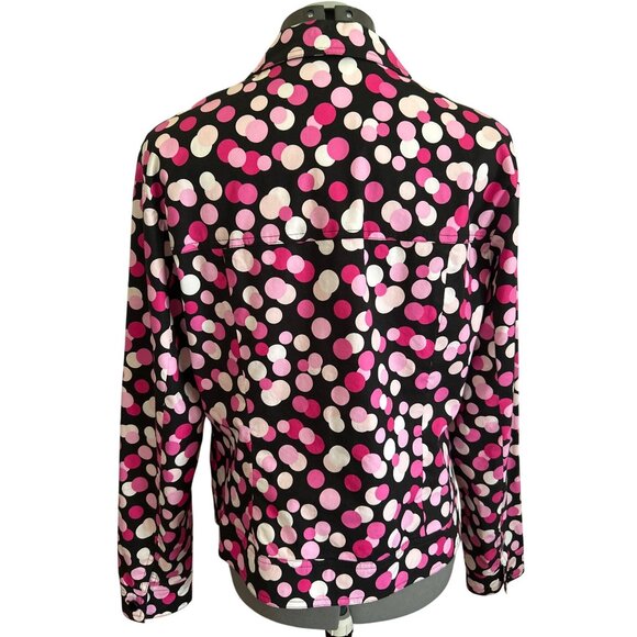 Maggy London Polka Dot Button-Up Jacket Size 14 Black Pink White Lightweight - Picture 3 of 6